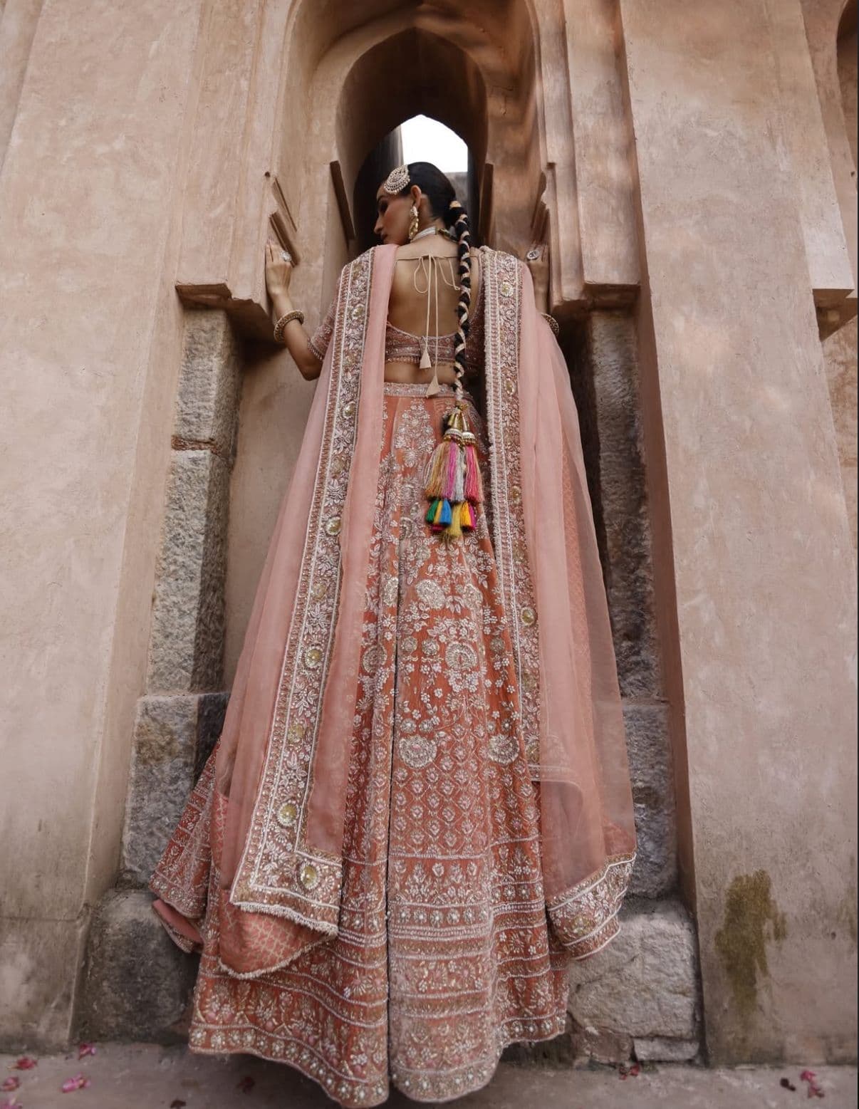 Peach Velvet Lehenga - view 3