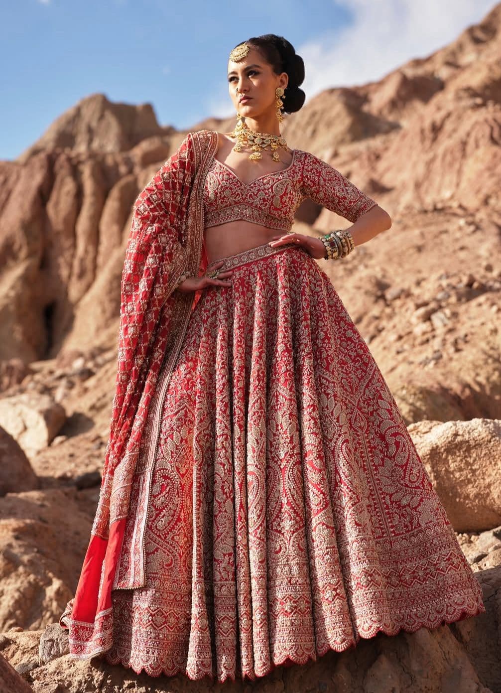Red Lehenga With Bandhej Dupatta - view 2