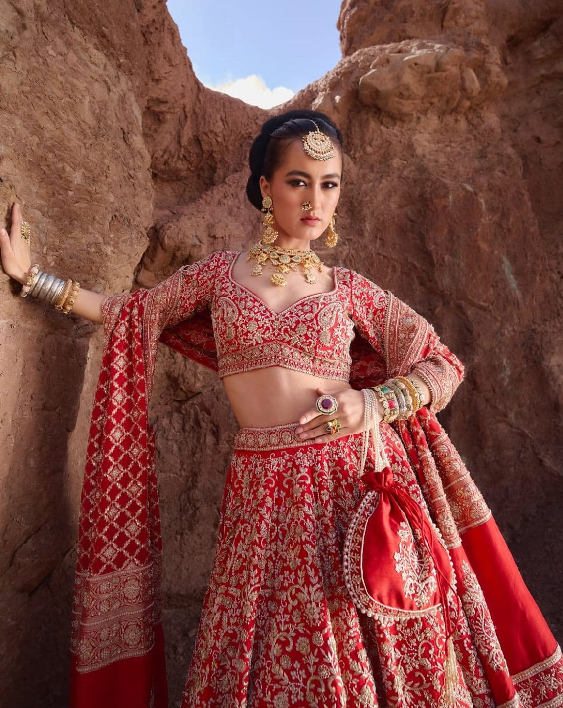 Red Lehenga With Bandhej Dupatta - view 3