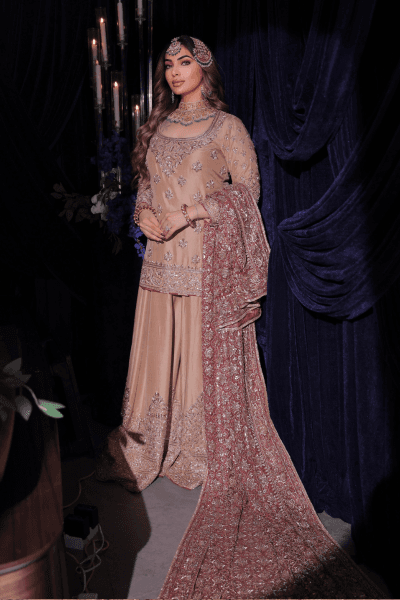 Beige Sharara With Jaal Dupatta - view 1